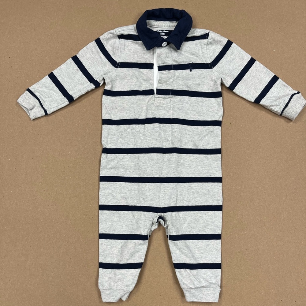 RALPH LAUREN Baby Boy Striped Cotton Jersey Rugby Coverall Size 12 Months.